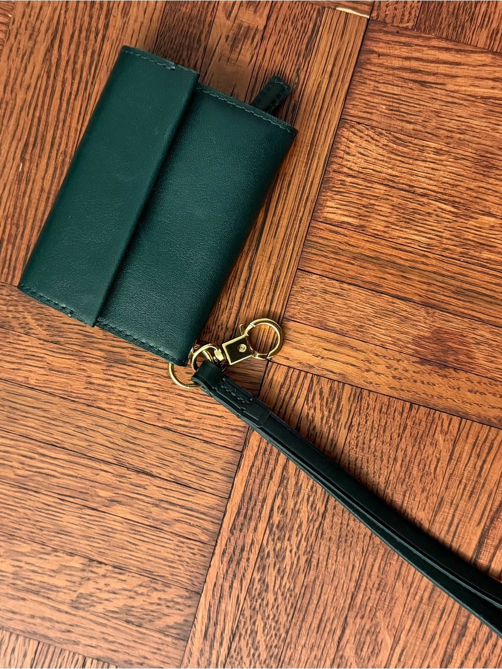 Madewell Dark Green Leather Wristlet Card Case with Gold Hardware